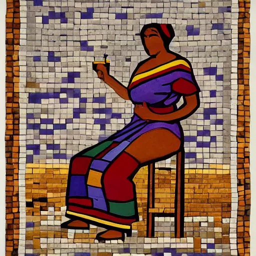 Image similar to A beautiful land art. Her cell is as bare as mine. She is sitting in the middle, hugging her knees, wrapped in a toga-like garment. mosaic, orpist by Stuart Davis, by Ed Mell lavish