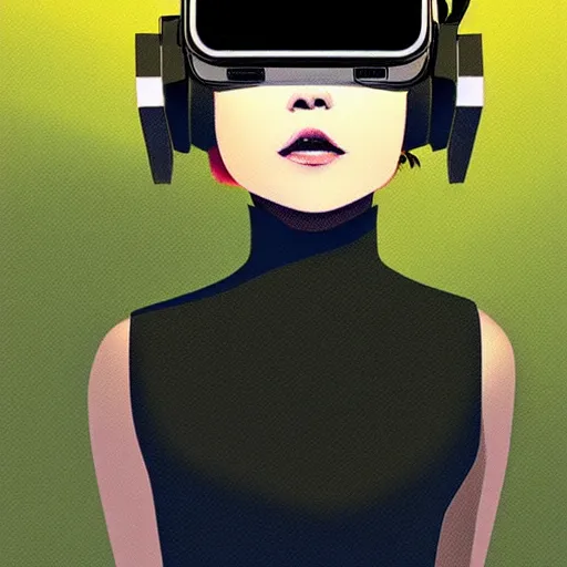 Image similar to ilya kuvshinov illustration of a young female wearing virtual reality headset