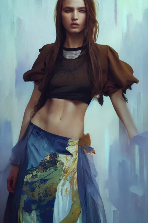 Prompt: an hyper intricate oil painting of gen z model wearing a fashion outfit with clean t - shirts for mockups, full body ultra fashion model pose by vogue, excellent composition, by yoshitaka amano, by greg rutkowski, by alphonse mucha, by rhads, by ross tran, trending on artstation