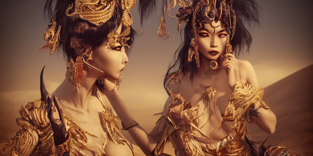 Image similar to giesha demon, innovative avant - garde art, deco fashion, asian women, highly detailed, photorealistic portrait, serene desert setting, crisp quality and light reflections, octane render, tarot card with ornate border frame