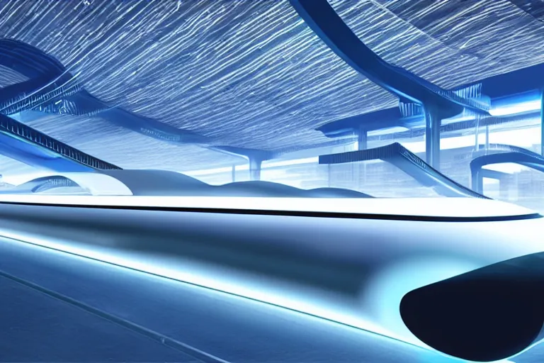 Prompt: transparent see - through long dark blue plastic hyperloop architecture concept by zaha hadid, glowing in the dark, dark moody monochrome colors,