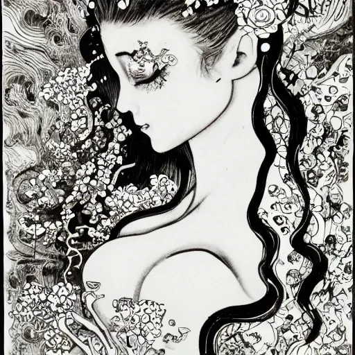 Image similar to prompt: beautiful girl in lake with light up face painted in baroque style, nymph in the water, small flowers around and on the side, 1980 manga, black and white photo, intricate ink drawing, high detail, Neo-expressionism, post-modern gouache marks on the side, gnarly details in the water and brushstrokes