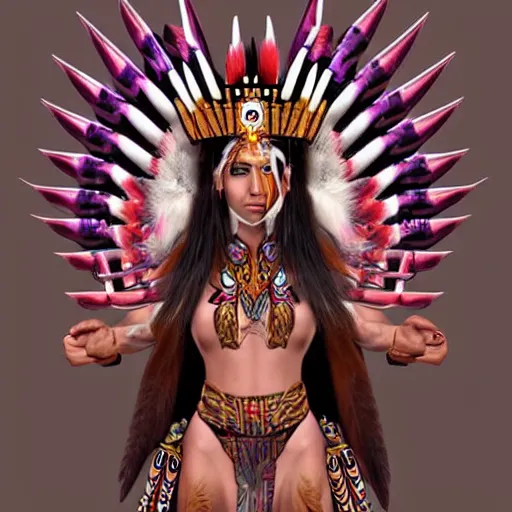 Image similar to character design, aztec warrior goddess with beautiful woman face, crown of very long feathers, full body, glowing aztec tattoos, beautiful, dark fantasy