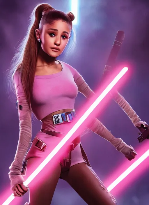 Image similar to An extremely detailed photo of Ariana Grande in the Star Wars universe with two pink lightsabers held in each hand. Maximum detail on artstation, photo realism, vivd details, vivd colour, volumetric lighting