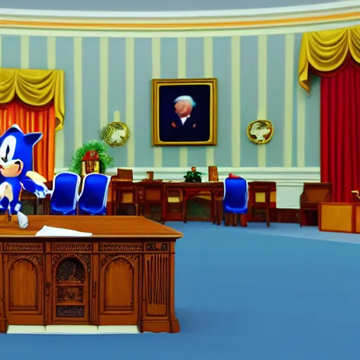 Prompt: sonic the hedgehog delivers a presidential address from the oval office, photograph