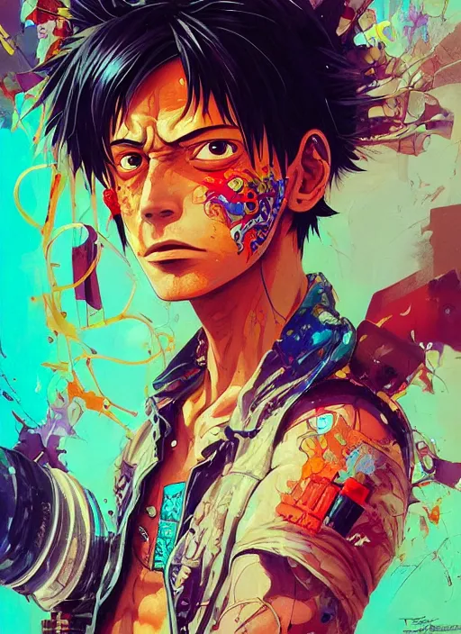 Image similar to beautiful portrait of Lofi cyberpunk Luffy, by Tristan Eaton, Stanley Artgermm, Tom Bagshaw, Greg Rutkowski, Carne Griffiths. trending on DeviantArt, face enhance, hyper detailed, trending on Artstation, 8k, masterpiece, graffiti paint, fine detail, full of color, intricate detail, golden ratio illustration