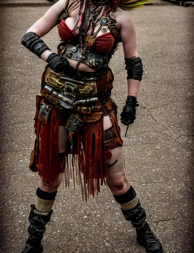 Image similar to full length photograph of a real - life very beautiful atompunk warrior. extremely detailed. dslr. 8 5 mm.