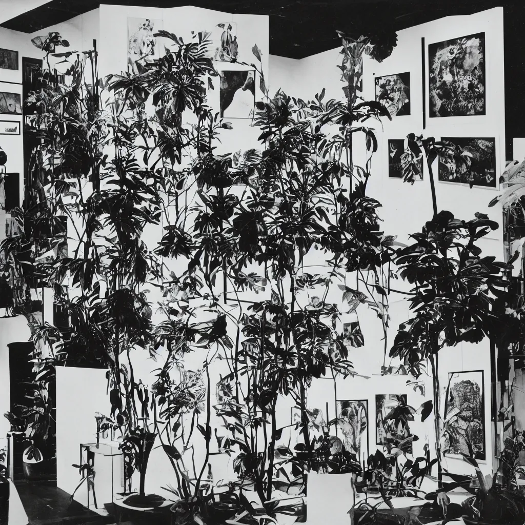 Image similar to A black and white photography of an exhibition space with works of Sun Ra, Marcel Duchamp and tropical plants, 60s, offset lithography print