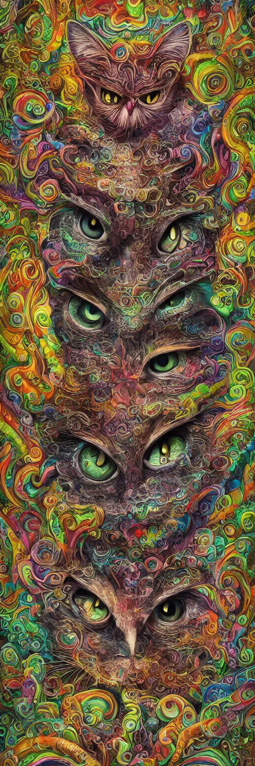 Prompt: psychedelic cat owl figure by naoto hattori, android jones and chris dyer, depth of field, intricate beautiful painting, billions of details, octane render, trending on artstation