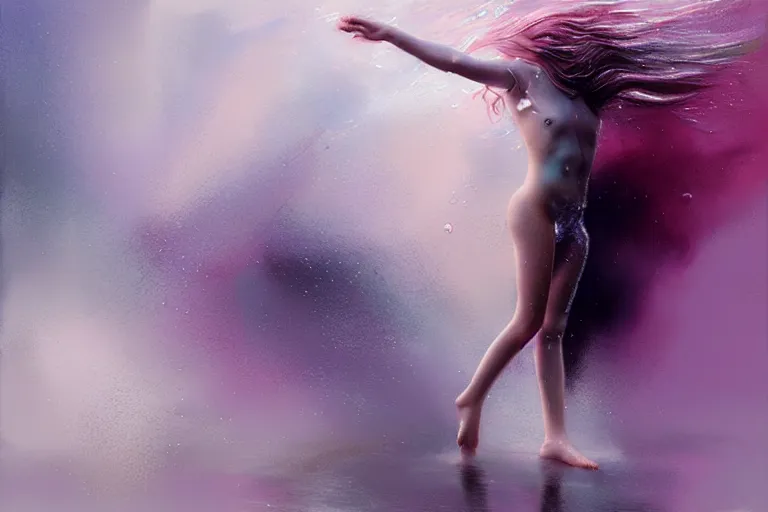 Image similar to girl flying freely in pastel rain with wet hair and face, splash, fantasy, captivating dynamic facial expression, intricate, elegant, dramatic lighting, emotionally evoking symbolic metaphor, highly detailed, lifelike, photorealistic, digital painting, artstation, concept art, smooth, sharp focus, illustration, art by John Collier and Albert Aublet and Krenz Cushart and Artem Demura and Alphonse Mucha