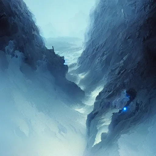 Prompt: a cliff smeared with soaking blue blood steaming, perturbed view, Greg Rutkowski, 4mm brush strokes, randomized