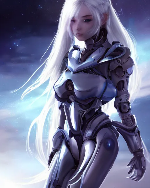 Prompt: perfect android girl family, full body character design, warframe armor, beautiful face, scifi, futuristic, galaxy, nebula, bae suzy, dreamy, long white hair!!!, blue cyborg eyes, sharp focus, cinematic lighting, highly detailed, artstation, divine, by gauthier leblanc, kazuya takahashi, huifeng huang