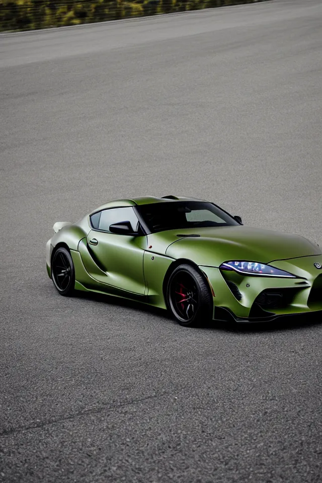 Image similar to Matte olive green Toyota Supra mk5 on highway, hyper realistic, car photography, 8k,