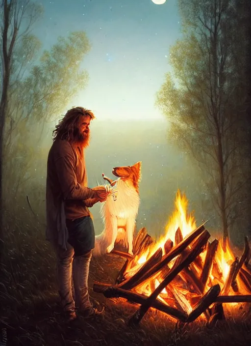 Image similar to highly detailed portrait of long - haired blonde hillbilly around a bonfire with his fluffy australian shepherd, stephen bliss, art by greg rutkowski, loish, rhads, ferdinand knab, makoto shinkai and lois van baarle, artgerm, pixar, ilya kuvshinov, rossdraws, tom bagshaw, global illumination