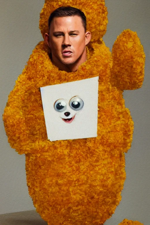 Image similar to channing tatum wearing a tater tot costume, oil on canvas, intricate, 8 k highly professionally detailed, hdr, cgsociety