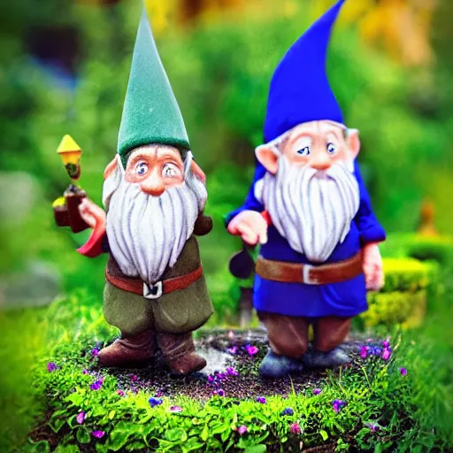 Prompt: garden gnomes bilbo's birthday party, gandalf, fireworks, frodo, pippin, merry, cute, tilt shift, award winning, highly textured