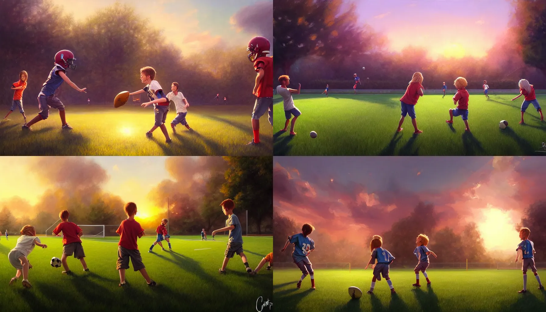 Image similar to beautiful painting of backyard football field with a pair of playing children during sunset, wide shot, digital painting, intricate details, trending on artstation, concept art, octane render, realistic, highly detailed, smooth, sharp focus, beautiful, 4 k, 8 k, hd, art by charlie bowater and artgerm and greg rutkowski