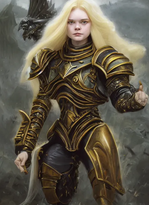 Image similar to Elle Fanning a Warhammer 40k paladin, glorious LONG BLOND hair, by Ivan Aivakovsky, by Boris Vallejo, epic fantasy character art, D&D Concept Art, full length, Realistic, Regal, Refined, Detailed Digital Art, Oil Paining, Exquisite detail, post-processing, masterpiece, Cinematic Lighting, Unreal Engine, 8k, HD