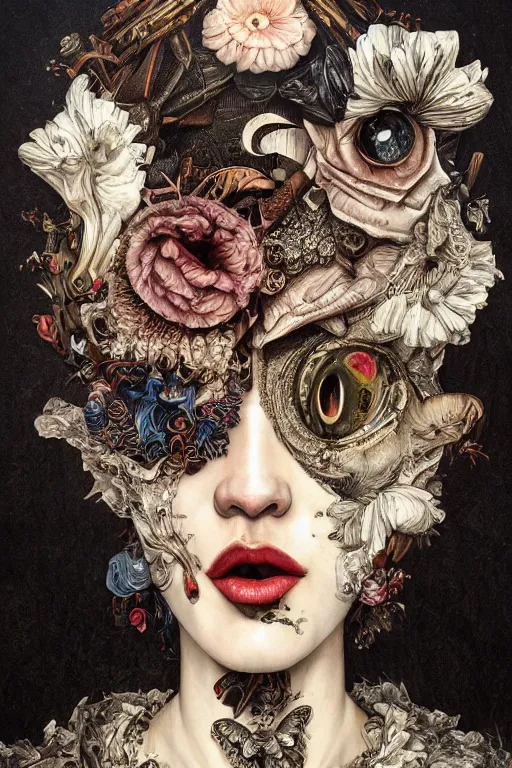 Prompt: Detailed maximalist portrait with large lips and wide white eyes, angry expression, HD 3D mixed media collage, highly detailed and intricate illustration in the style of Caravaggio and James Jean, surreal dark art, baroque
