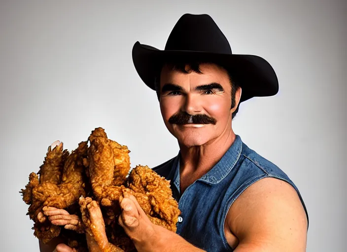 Image similar to studio portrait photo still of 2 0 year old burt reynolds!!!!!!!! at age 2 0 2 0 years old 2 0 years of age!!!!!!! wearing a cowboy hat holding a bucket of fried chicken, 8 k, 8 5 mm f 1. 8, studio lighting, rim light, right side key light