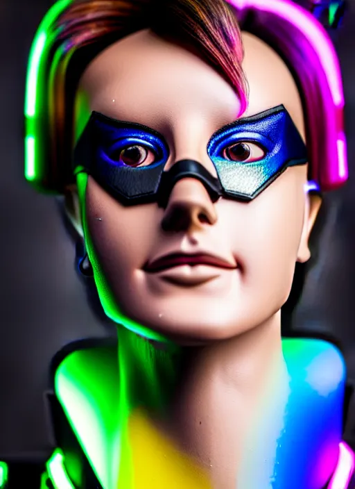 Image similar to hyperrealistic style portrait of tracer overwatch, confident pose, wearing black iridescent rainbow latex, rainbow, neon, 4 k, expressive happy smug expression, makeup, in style of mark arian, wearing detailed black leather collar, wearing sleek armor, black leather harness, expressive detailed face and eyes,