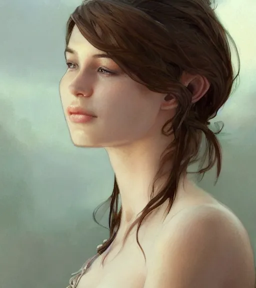 Image similar to portrait of a young woman, soft features, gentle smile, muscular, half body, cloth, short brown hair, back light, d & d, fantasy, intricate, highly detailed, digital painting, artstation, concept art, smooth, sharp focus, illustration, art by artgerm and greg rutkowski and alphonse mucha