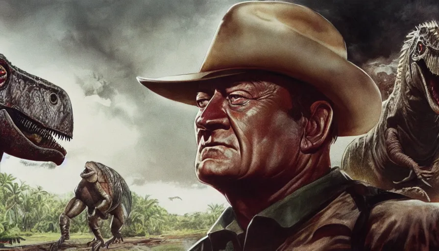 Prompt: John Wayne is Alan Grant in Jurassic Park, hyperdetailed, artstation, cgsociety, 8k