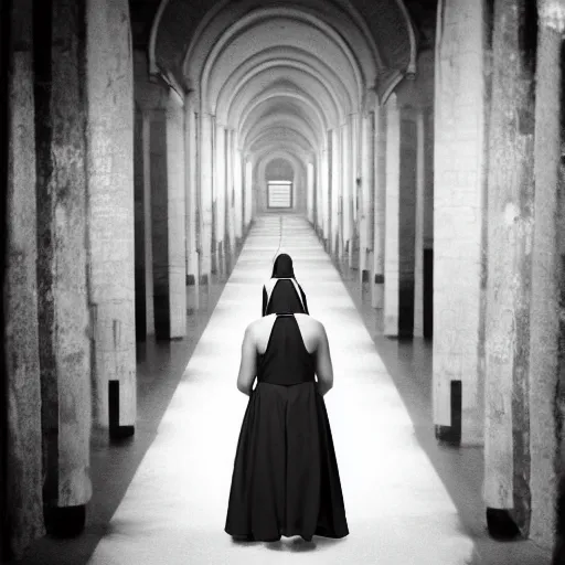 Prompt: black and white, award winning photo, levitating twin nuns, wearing swimsuit, the nuns have Very long arms, in a sanctuary, eerie, frightening —width 1024 —height 1024