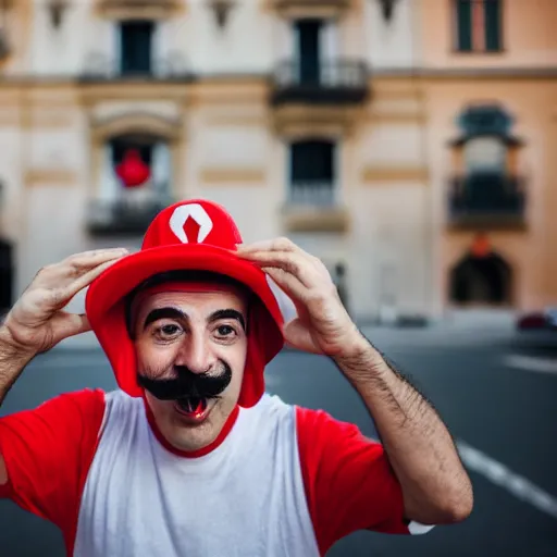 Prompt: an Italian man with a mustache dressed as Mario wearing a solid red Mario hat drooling, eyes rolled back, excited about a Magic Mushroom he just found 50mm lens, f1.8.