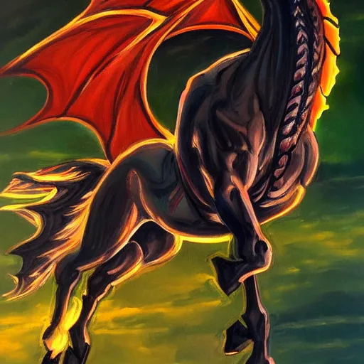 Image similar to oil painting horses mixed with dragon at night backlit