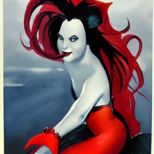 Image similar to black and red watercolor painting of little mermaid from disney by alex ross