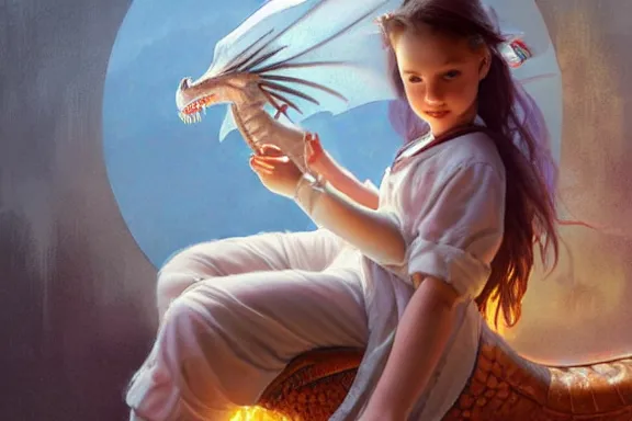 Image similar to little girl in pajamas riding a dragon, realistic portrait, highly detailed, digital painting, artstation, concept art, smooth, sharp focus, illustration, cinematic lighting, art by artgerm and greg rutkowski and alphonse mucha