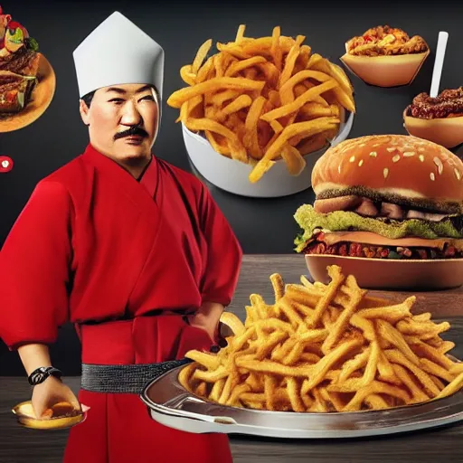 Image similar to genghis khan in mcdonalds, ad, very detailed, photography