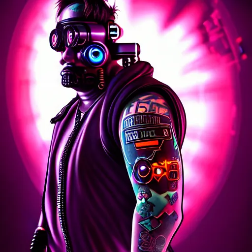 Image similar to Cyberpunk Benny the Bouncer, Tattoo on the neck, 4K symmetrical portrait, character concept art, hyper quality, future Doctrine, secret organization, 4k post-processing, moody lighting, rendered by octane engine