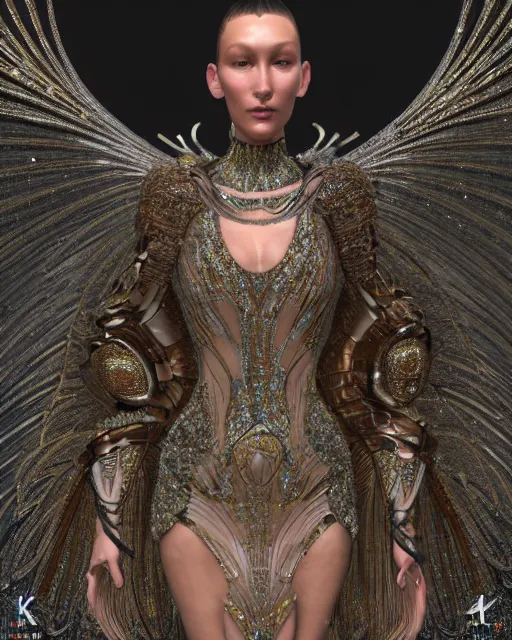 Prompt: a highly detailed metahuman 8 k close up render of bella hadid renaissance in iris van herpen dress schiaparelli in diamonds crystals swarovski and jewelry iridescent in style of alphonse mucha gustav klimt trending on artstation made in unreal engine 4