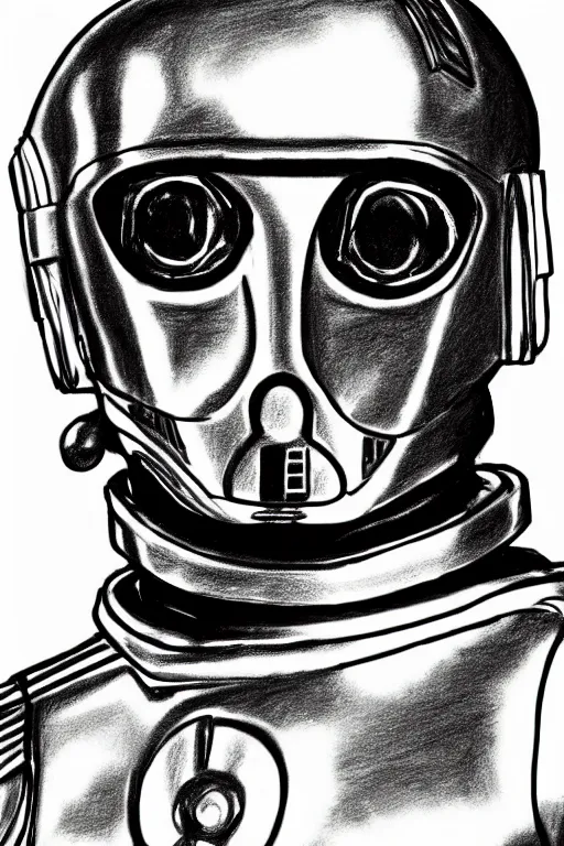 Prompt: a very bad child's drawing of c 3 po, crayon, black and white