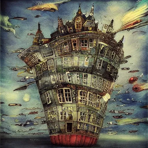 Prompt: a ship with many buildings built in to it flying through space alexander jansson