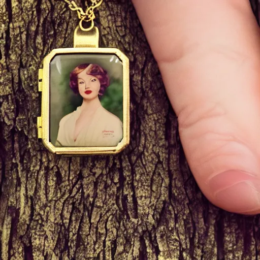 Image similar to hand holding an open golden locket pendant with a retro photo of an elegant and aesthetic woman portrait, on a forest background with bokeh. Retro. Antique. High quality 8k. Intricate. Graflex camera. Award winning