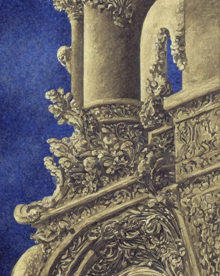 Prompt: achingly beautiful painting of intricate ancient roman corinthian capital on sapphire background by rene magritte, monet, and turner. giovanni battista piranesi.