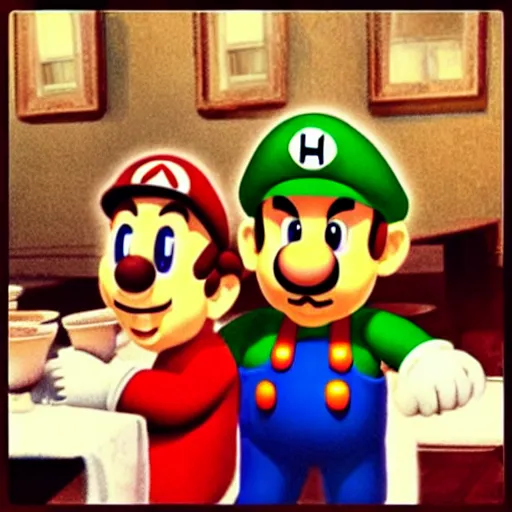 Prompt: “ mario and luigi in a drab cafe in style of godfather ”