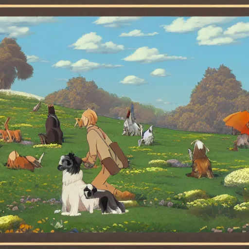 Image similar to dogs in landscape, art style hayao miyazaki, very high detail, 4 k
