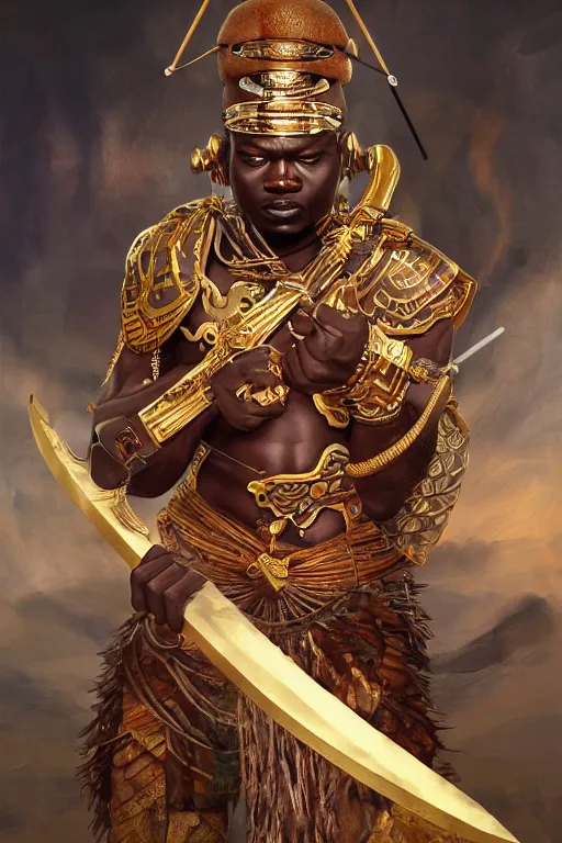 Prompt: ogun wielding a great spear, African warrior deity with golden and jeweled adornment, ancestral hunter God, masculine and menacing, cinematic mid portrait , digital illustration, octane render trending on arstation by artgerm, raphaelite and mucha