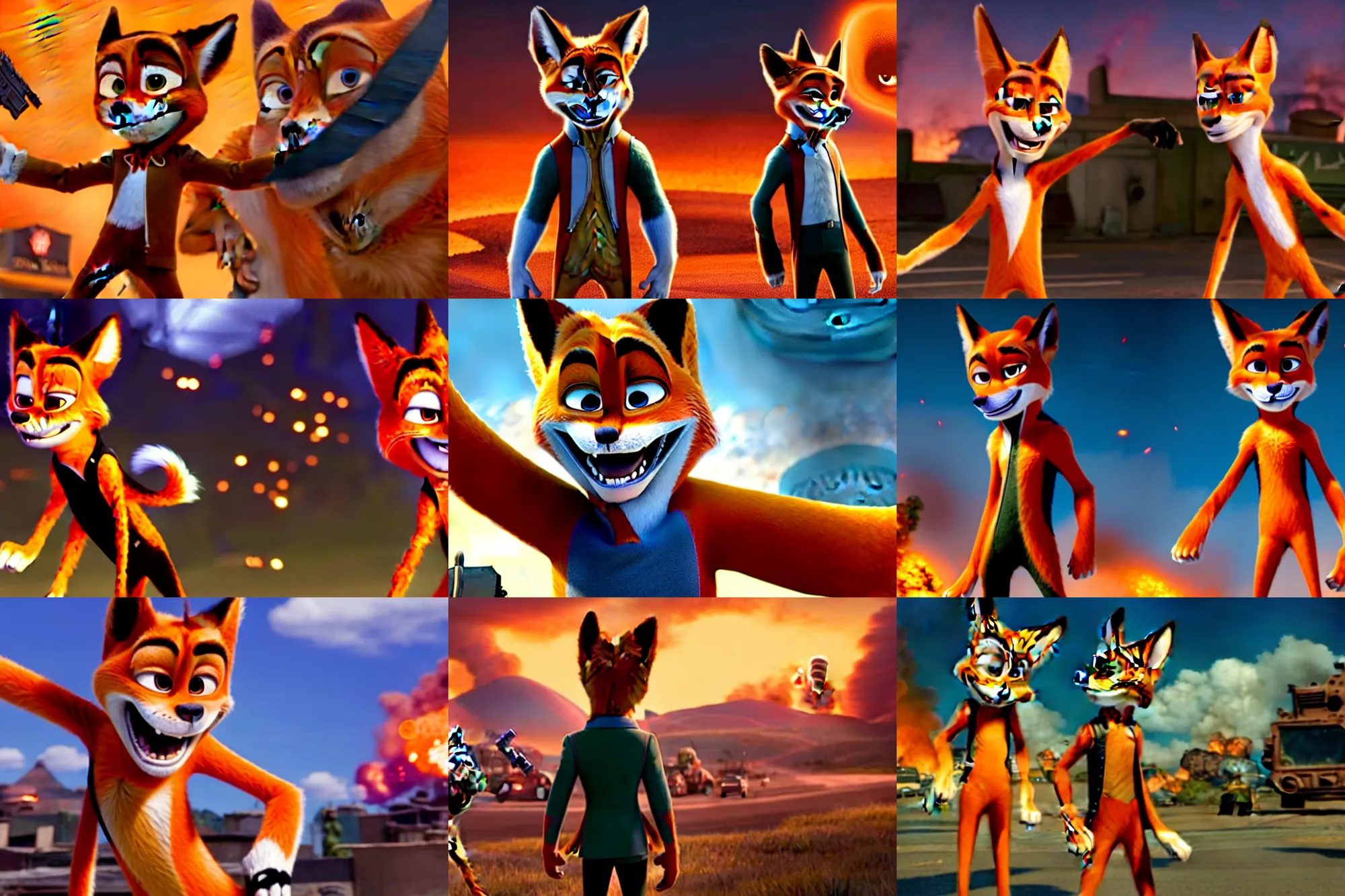 Prompt: nick wilde, heavily armed and armored facing down armageddon in a dark and gritty reboot