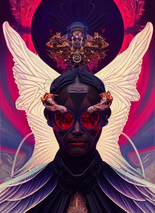 Image similar to high quality high detail portrait of a demonic angel with dark wings in black cathedral, tristan eaton, victo ngai, artgerm, rhads, ross draws, hyperrealism, intricate detailed, alphonse mucha, 8 k, sci - fi, pastel colors, artstation,