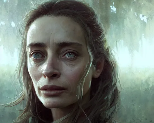 Image similar to highly detailed portrait of emmanuelle beart, in the walking dead, stephen bliss, unreal engine, fantasy art by greg rutkowski, loish, rhads, ferdinand knab, makoto shinkai and lois van baarle, ilya kuvshinov, rossdraws, tom bagshaw, global illumination, radiant light, detailed and intricate environment