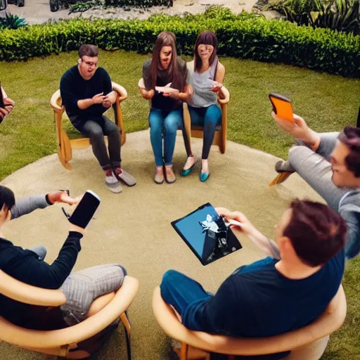 Prompt: a group of adults playing games on their phones while sitting in circle, unreal engine