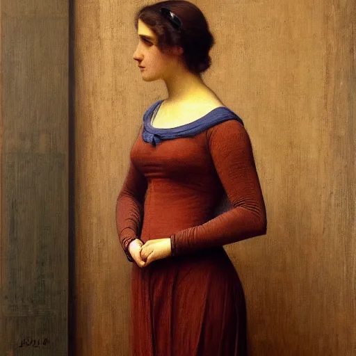 Prompt: a painting of a woman in a brown dress, an art deco painting by Jules Joseph Lefebvre, trending on cgsociety, pre-raphaelitism, pre-raphaelite, dutch golden age, flemish baroque