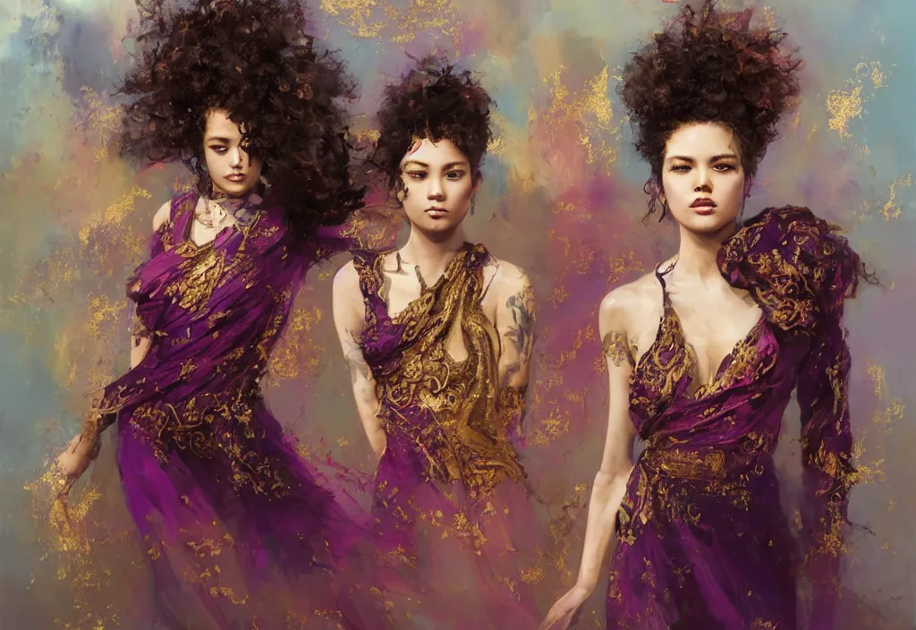 Image similar to full body portrait of a trio of 1 9 years old girl figures, curly messy high bun hairstyle, oriental tattoos, subject wearing a gold and ruby high fashion gown, flowing, ornate, beautiful, dramatic earth colors, with few vivid purple highlights, by jeremy mann and greg rutkowski, trending on artstation, oil on canvas