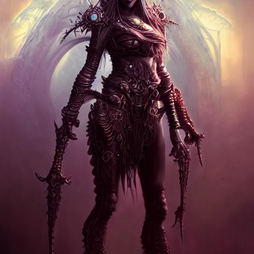 Image similar to a highly detailed long shot photo of chthonic warcraft female character by ayami kojima, beksinski, giger, intricate, digital painting, artstation, intricate, concept art, smooth, sharp focus, illustration