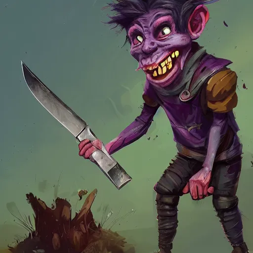 Prompt: male goblin youth adventurer with purple skin, by Ismail Inceoglu, wearing leather adventuring clothes, shabby, short, kid, bald, wielding knife, happy grin, character portrait closeup, digital art, dungeons and dragon, character